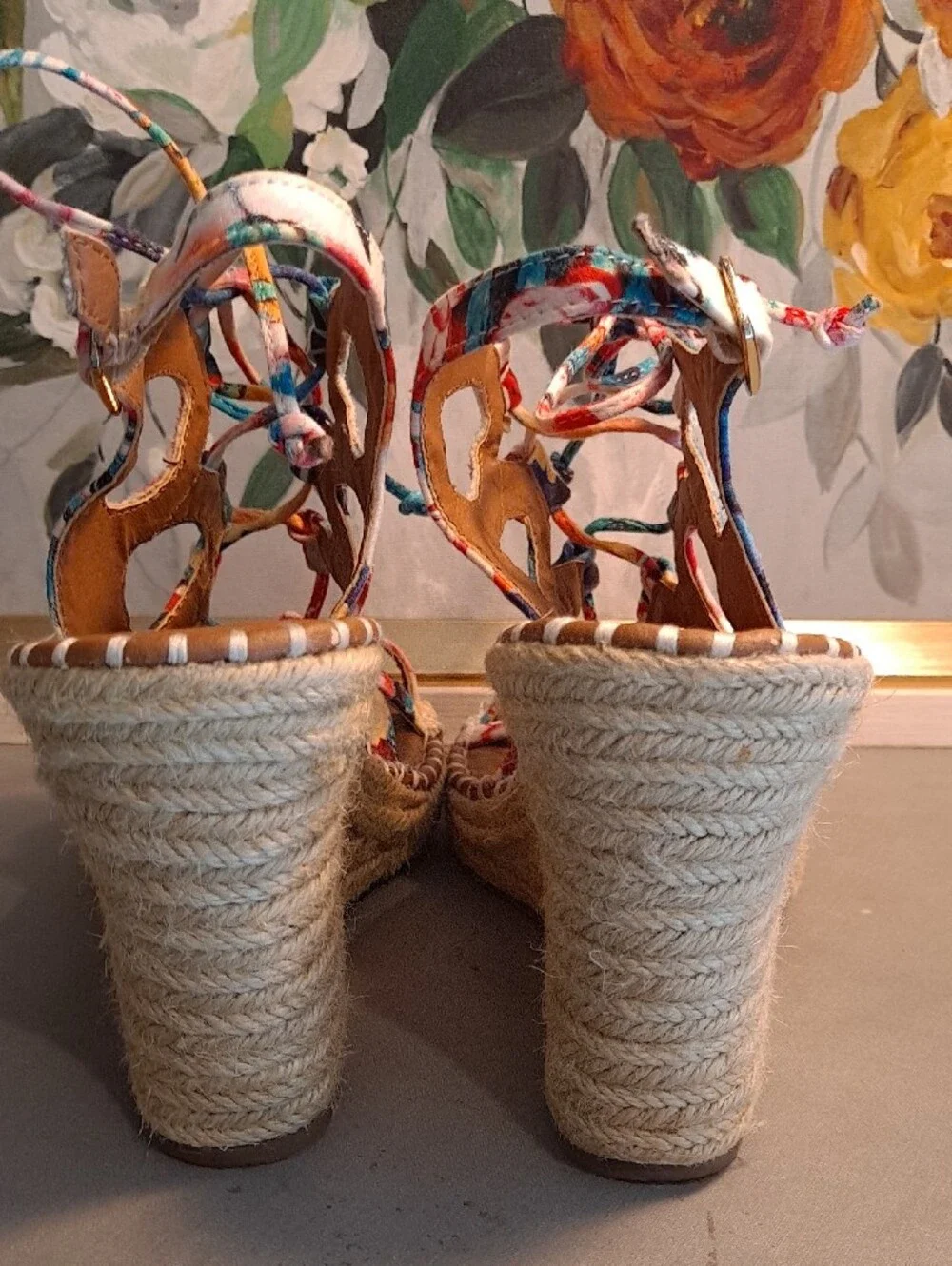 Sugar Hula Multicolor Floral Strappy Lace-Up Espadrille Jute Wedge Sandals